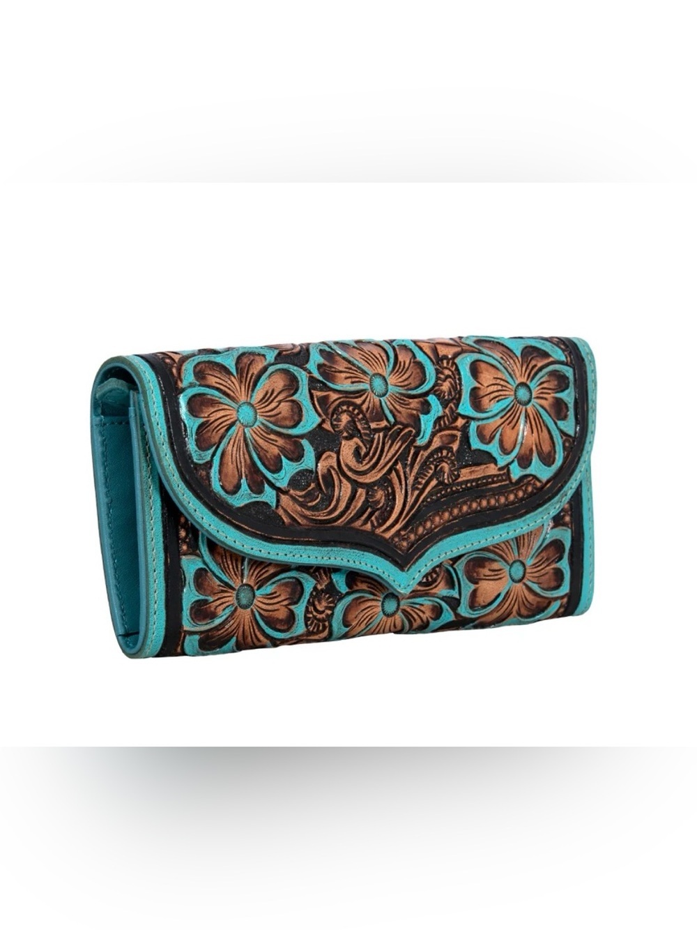 Myra Flower Crest Tooled Leather Wallet Floral Embossed With Turquose Accents - Picture 3 of 10